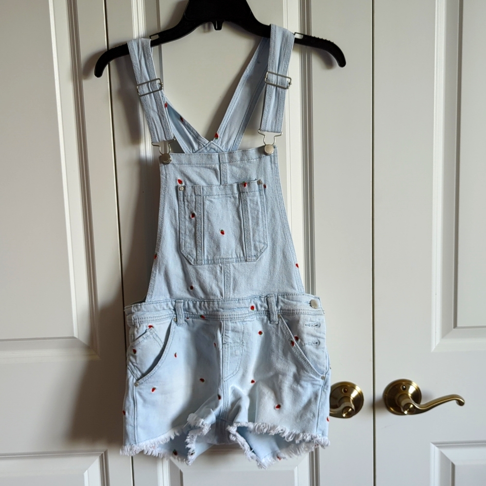 Strawberry embroidered short overalls